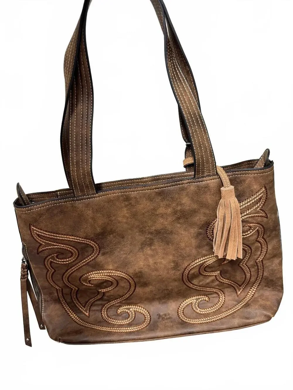 Tony Lama Brown Leather Western Boot Stitch Shoulder Bag Tote Tassel Large